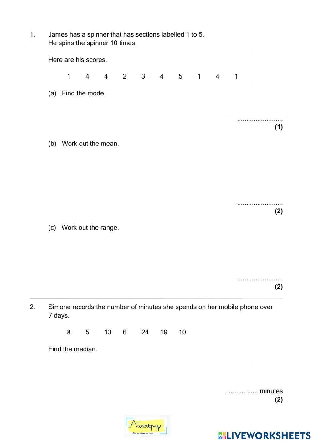 Mean, Median, Mode and Range