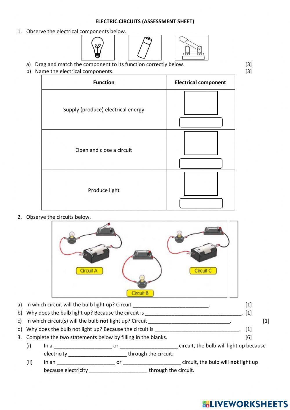 Electric Circuits Assessment Sheet