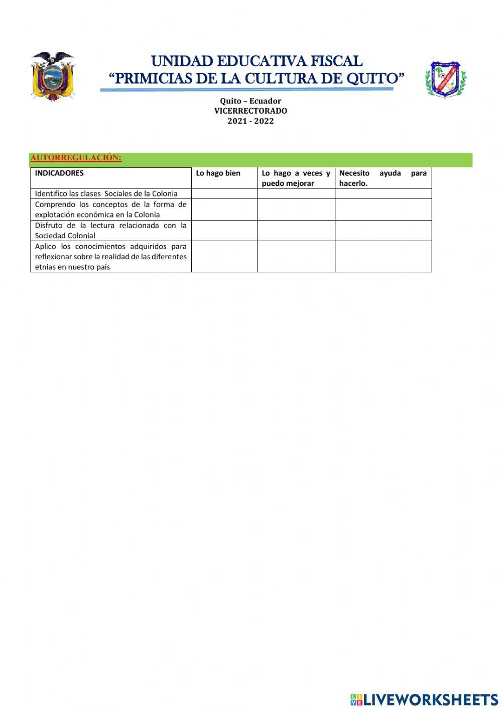 EVALUACIÓN DE APRENDIZAJE  PRIMER QUIMESTRE  estudios sociales