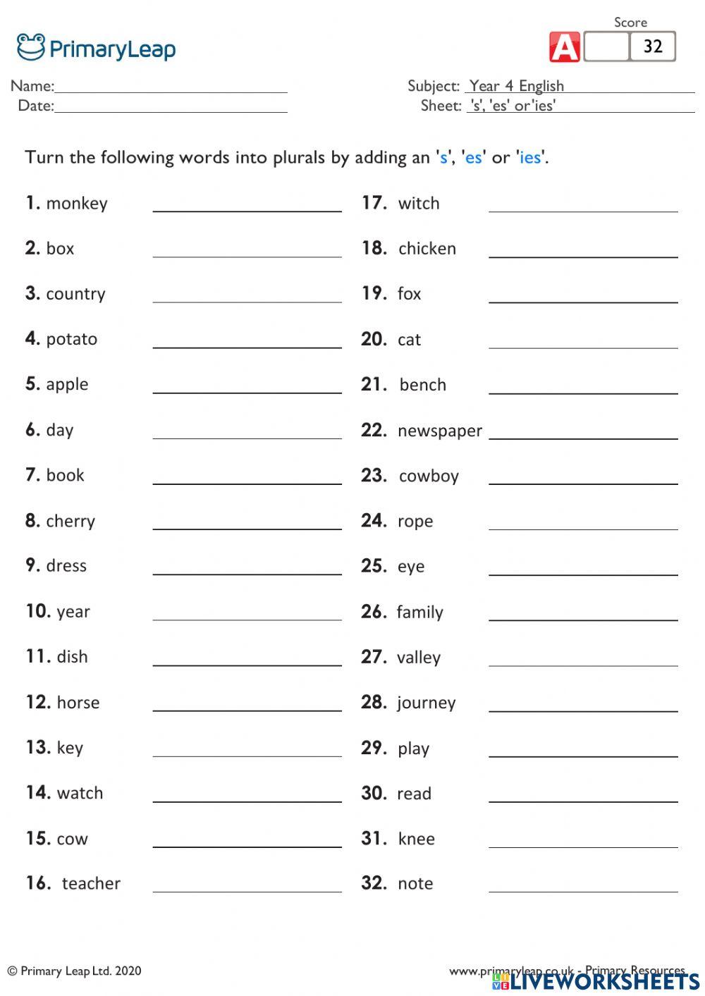 Plural with s, es, ies