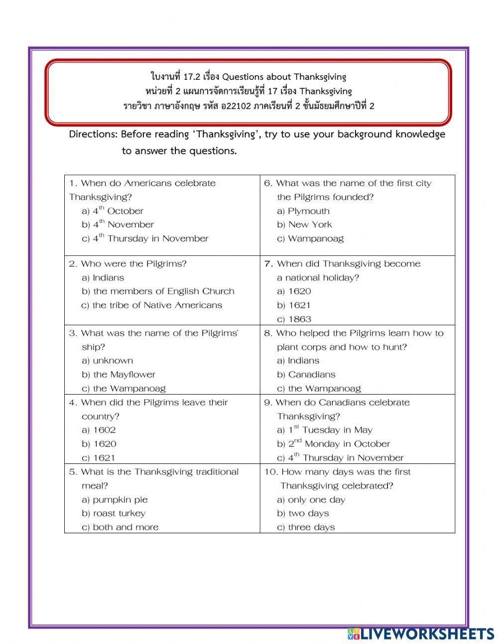 Questions about Thanksgiving