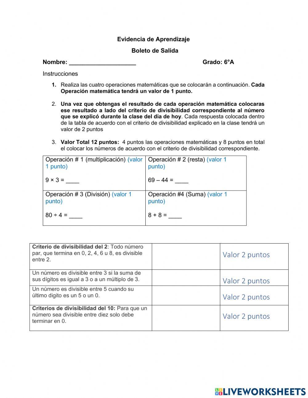 Ficha de prueba de Criterios de Divisibilidad