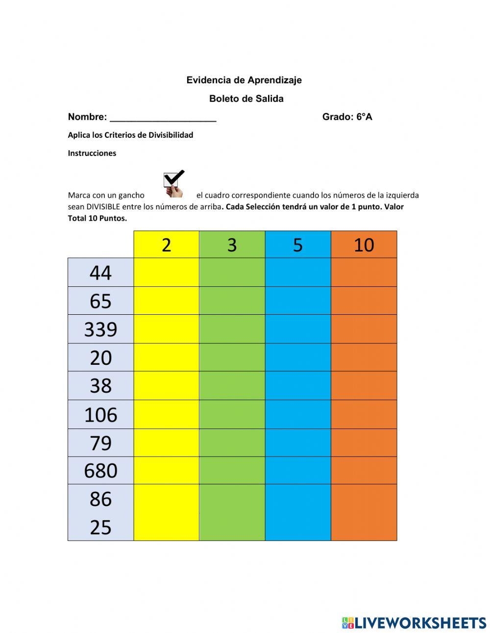 Ficha de prueba de Criterios de Divisibilidad