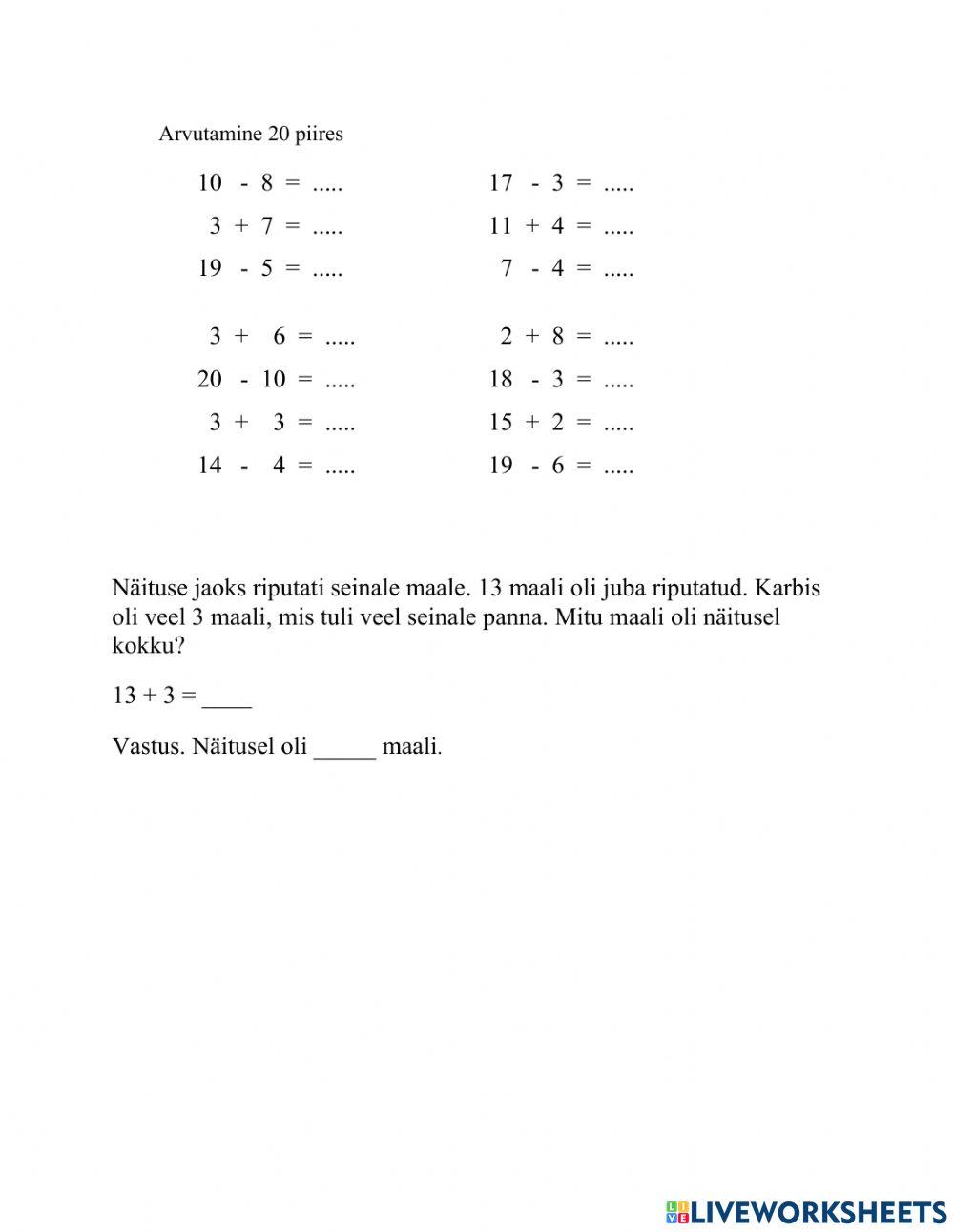 Arvutamine 20 piires (üleminekuta)