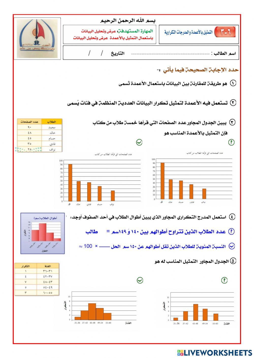 التمثيل بالأعمدة والمدرج التكراري
