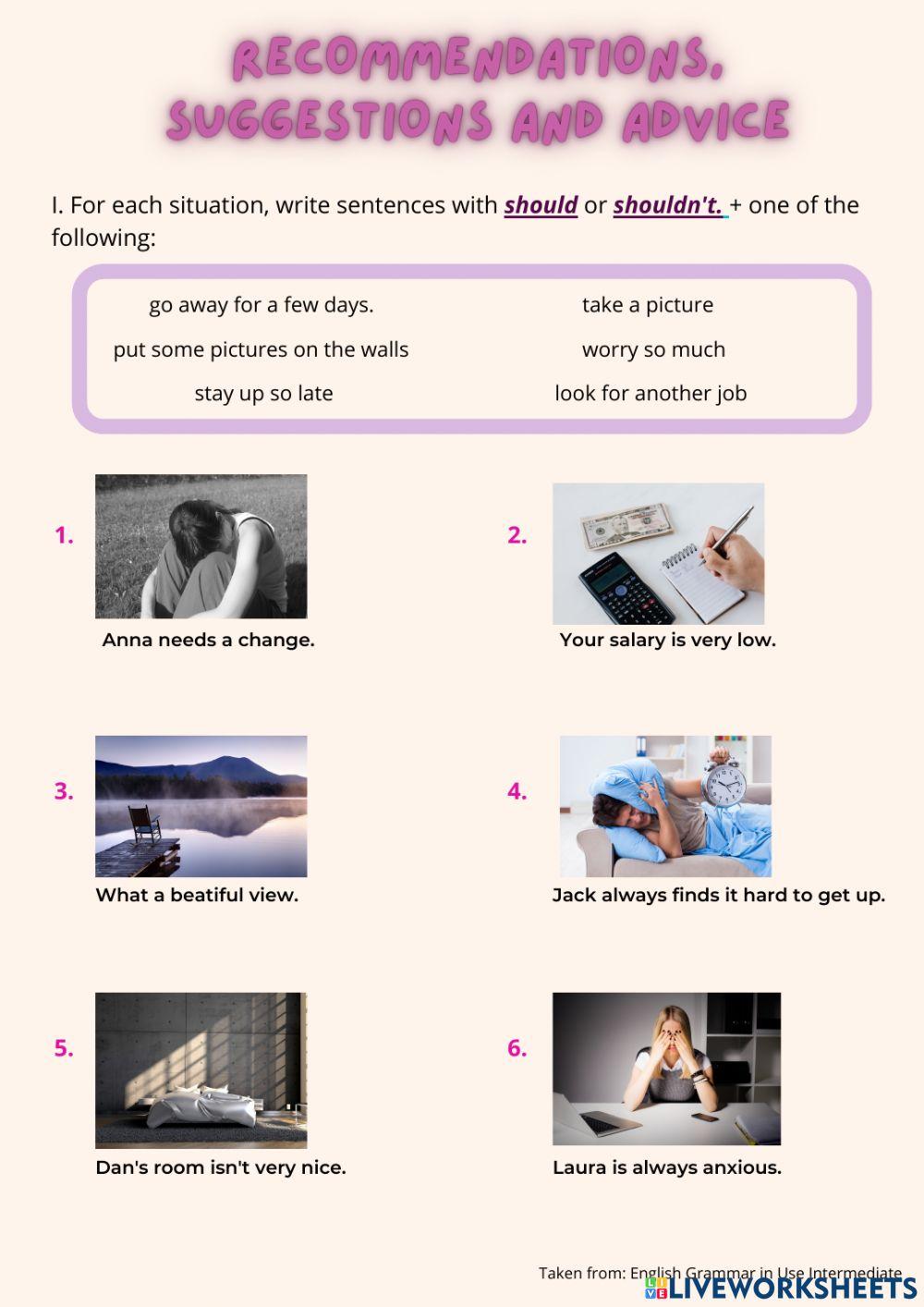 RECOMMENDATIONS, SUGGESTIONS AND ADVICE