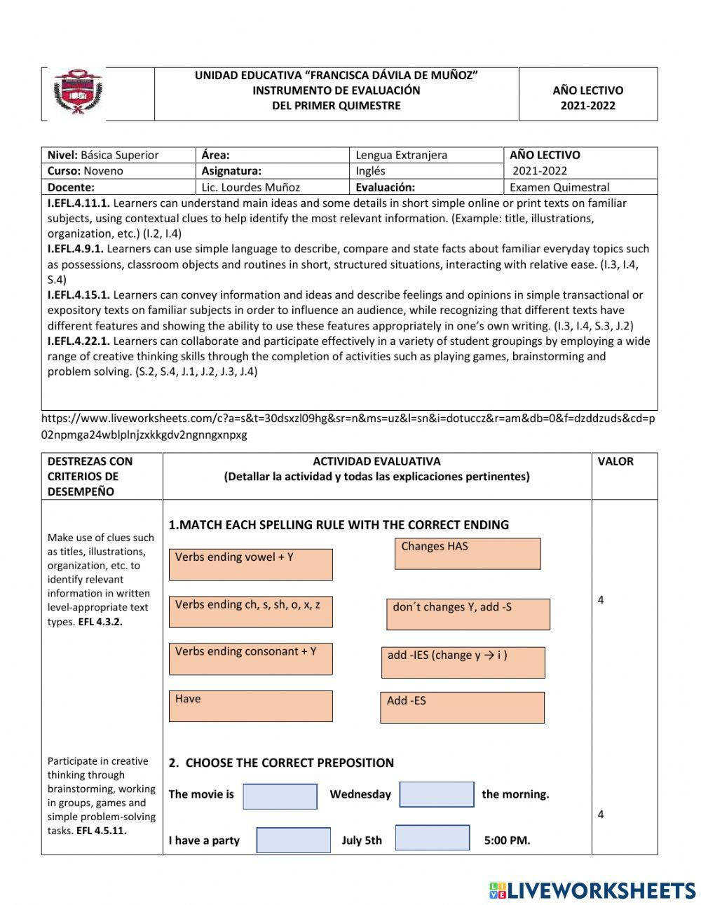 Assessment for 9th year