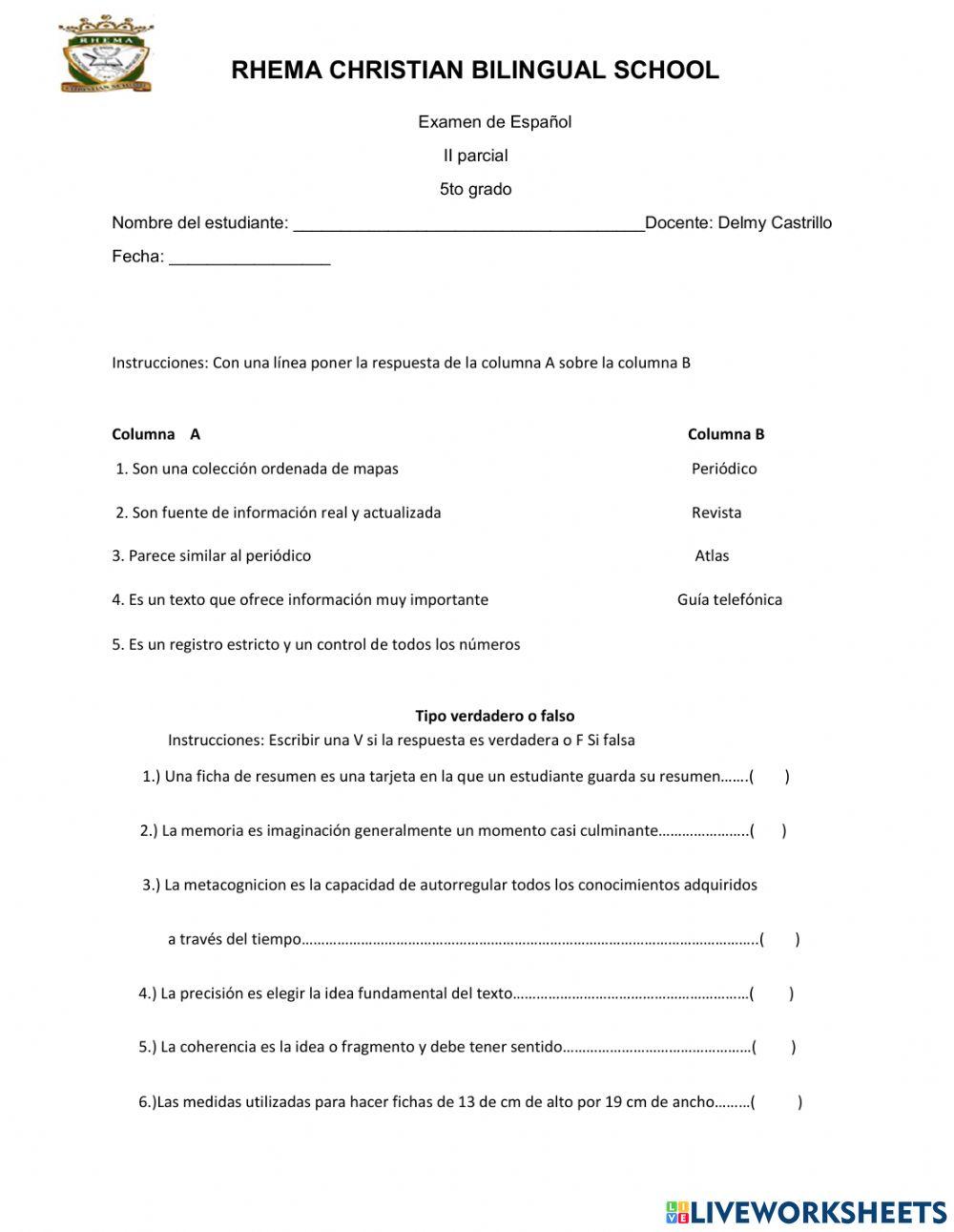 Examen español 5to grado