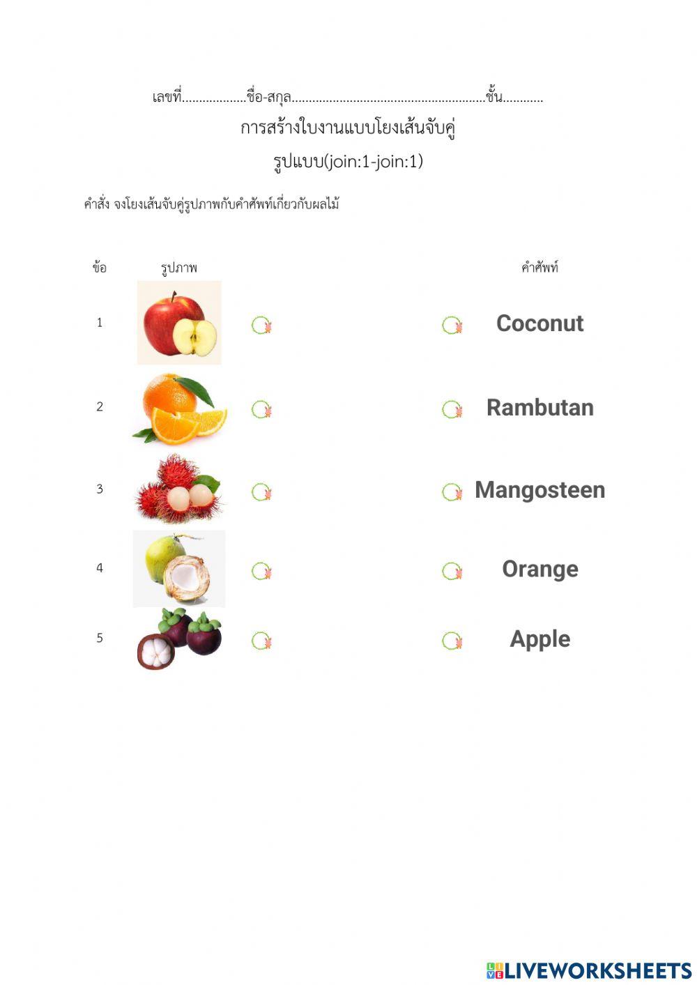 01 โยงเส้นจับคู่คำศัพท์ผลไม้