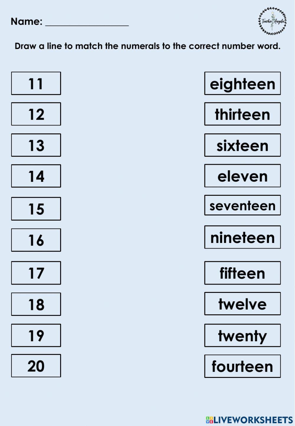 Matching number names - 11 - 20