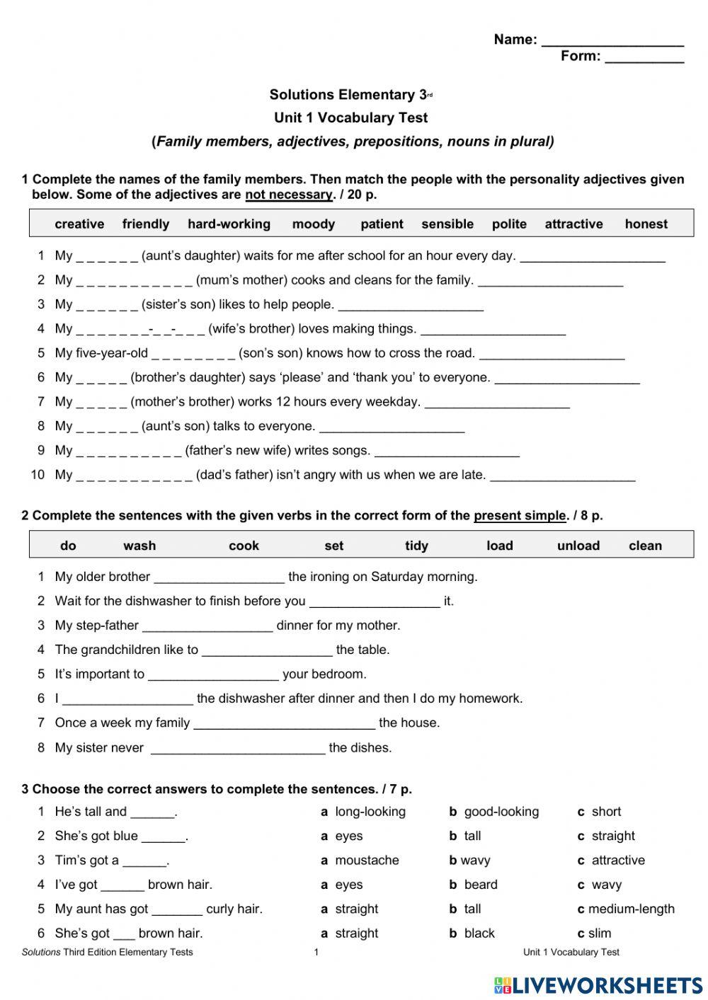 English vocabulary quiz unit 1 Identity online exercise for