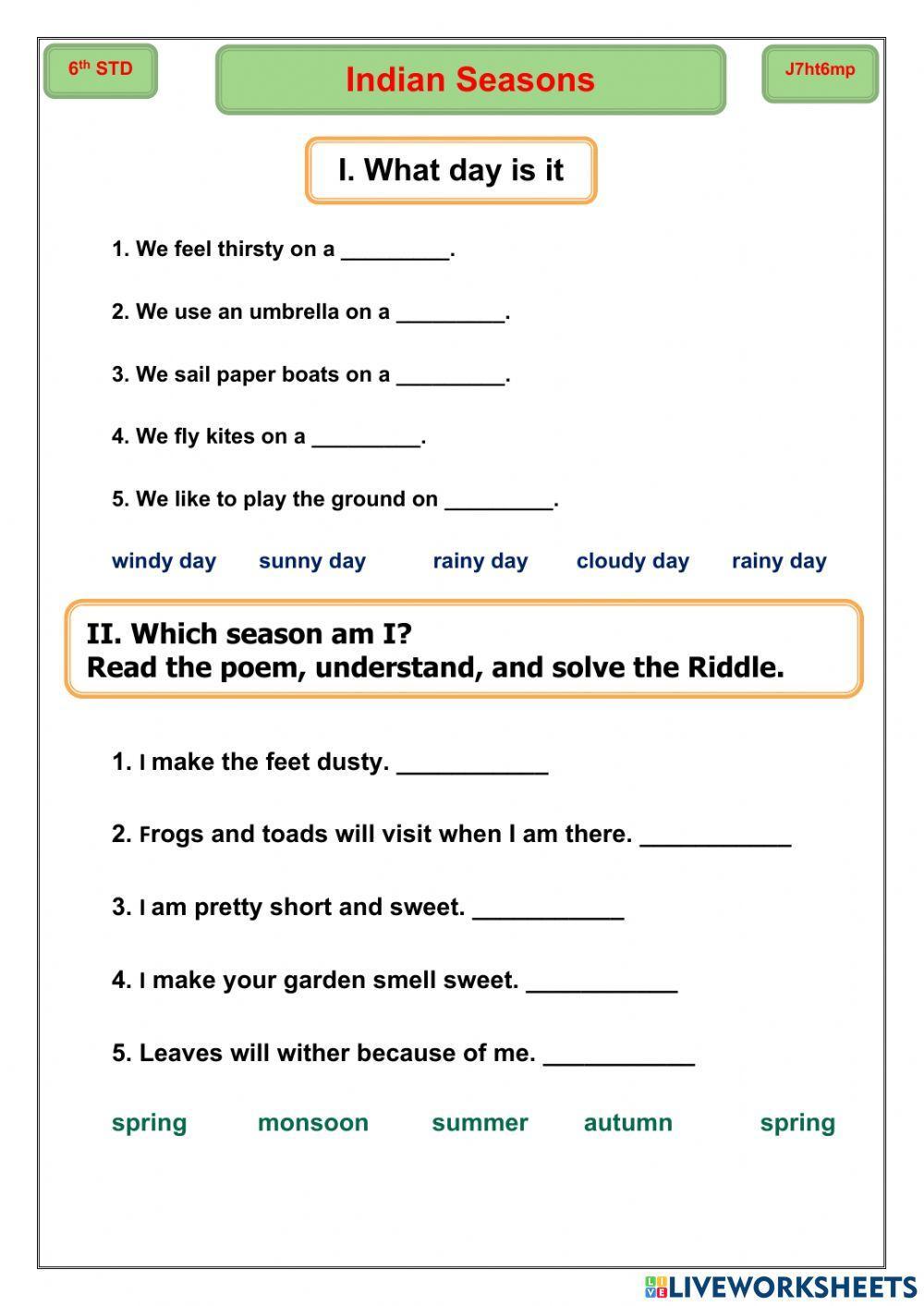 Indian Seasons activity Live Worksheets