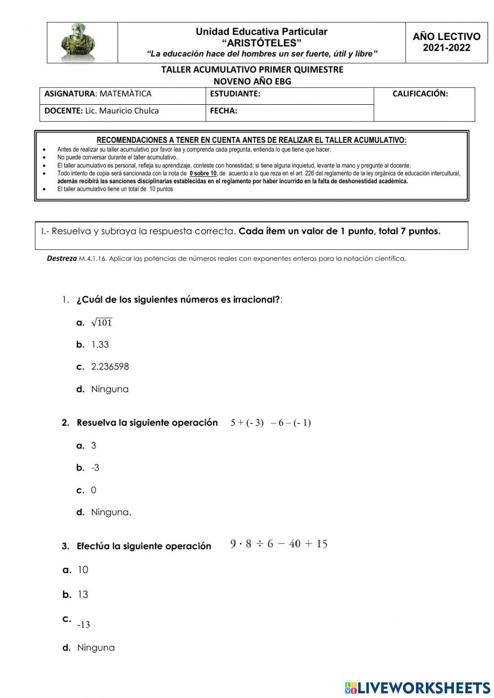 Taller acumulativo quimestral matemática noveno