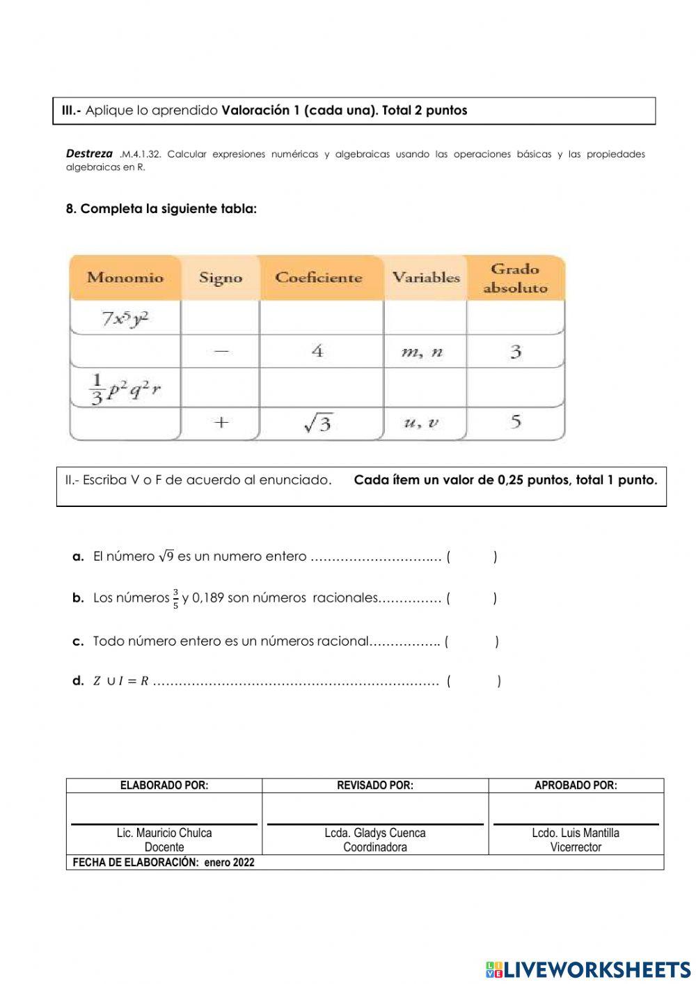 Taller acumulativo quimestral matemática noveno