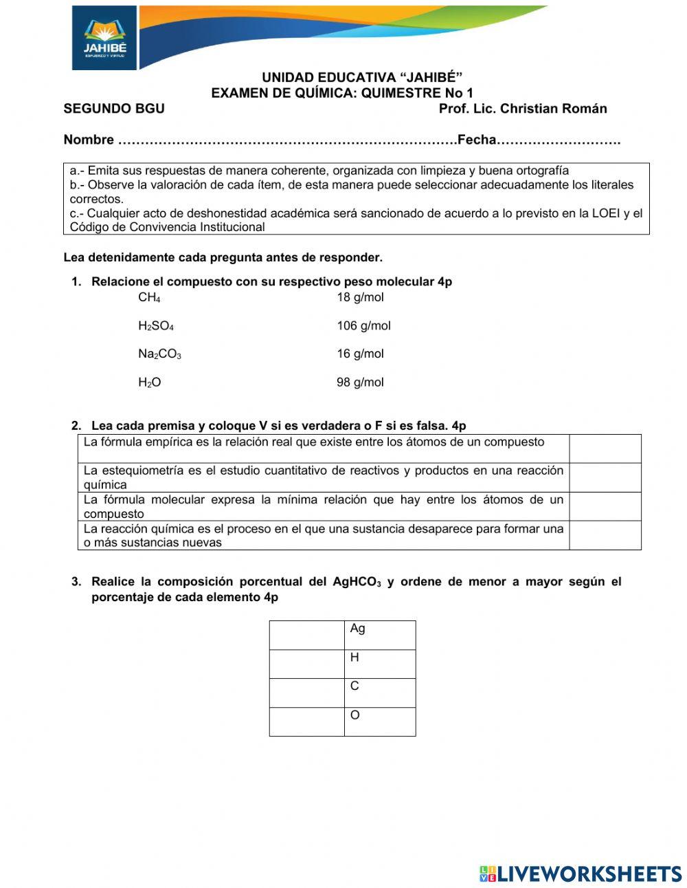 Examen química 2do bgu
