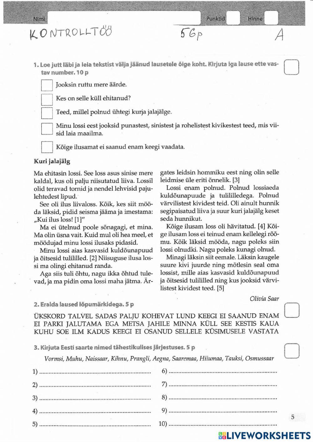 Kontrolltöö (Suur ja väike algustäht) 5.kl A