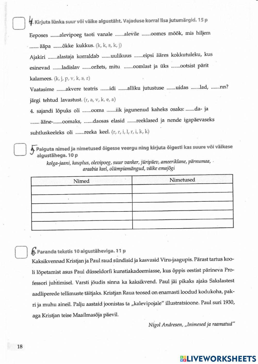 Kontrolltöö (Suur ja väike algustäht) 5.kl A