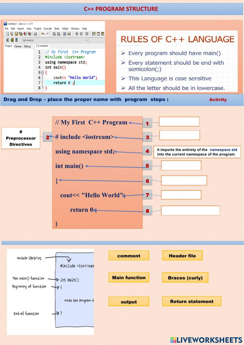 C++ Program Structure | vani14 | Live Worksheets