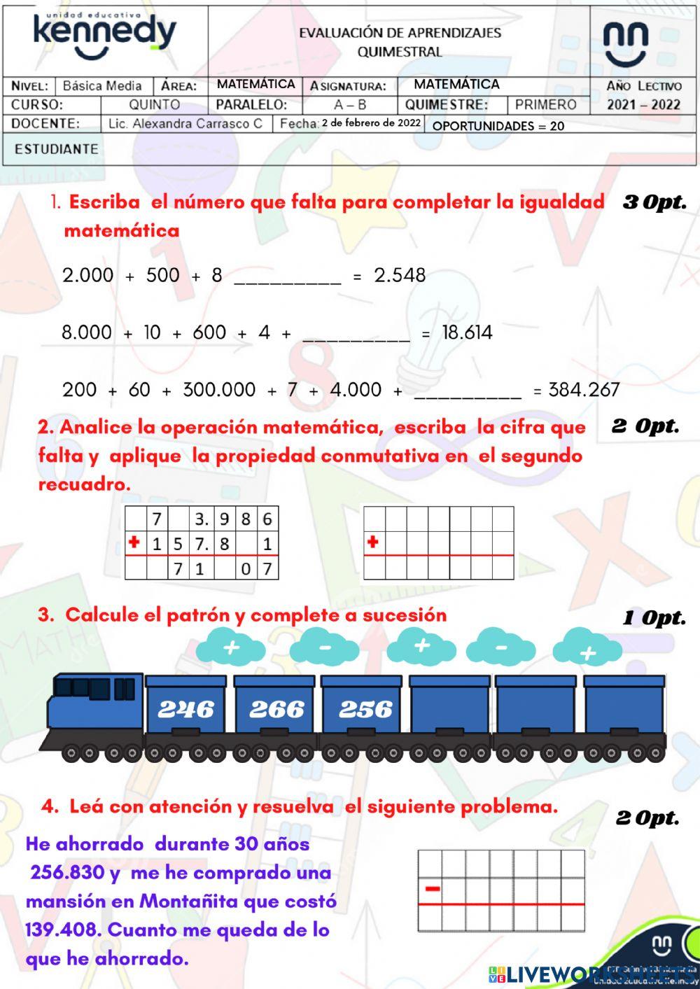 UE Kennedy Evaluación 1Q Matemática