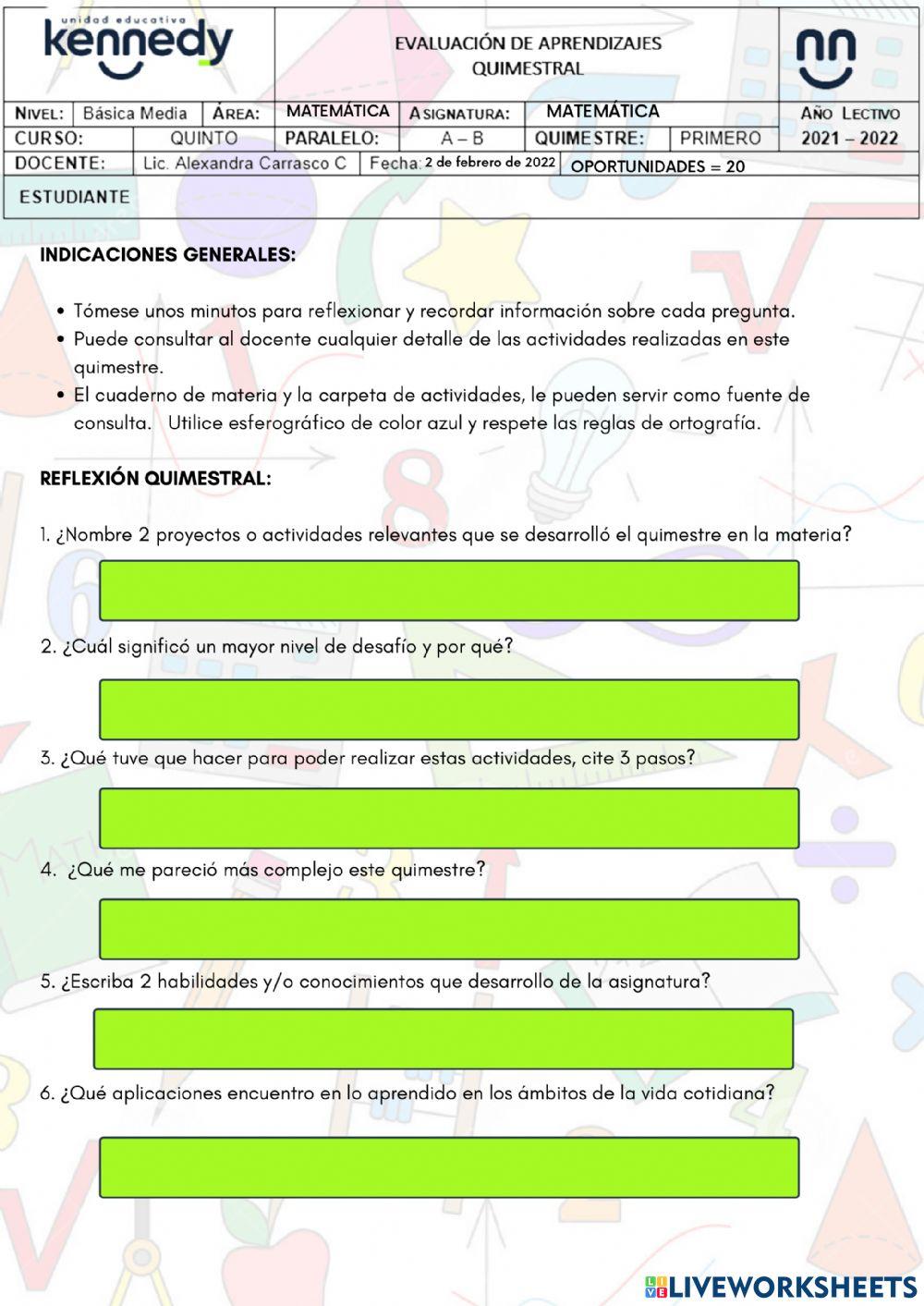UE Kennedy Evaluación 1Q Matemática