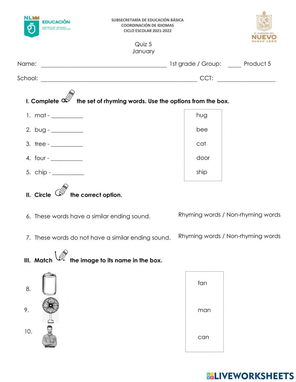 English Quiz - january 1st grade