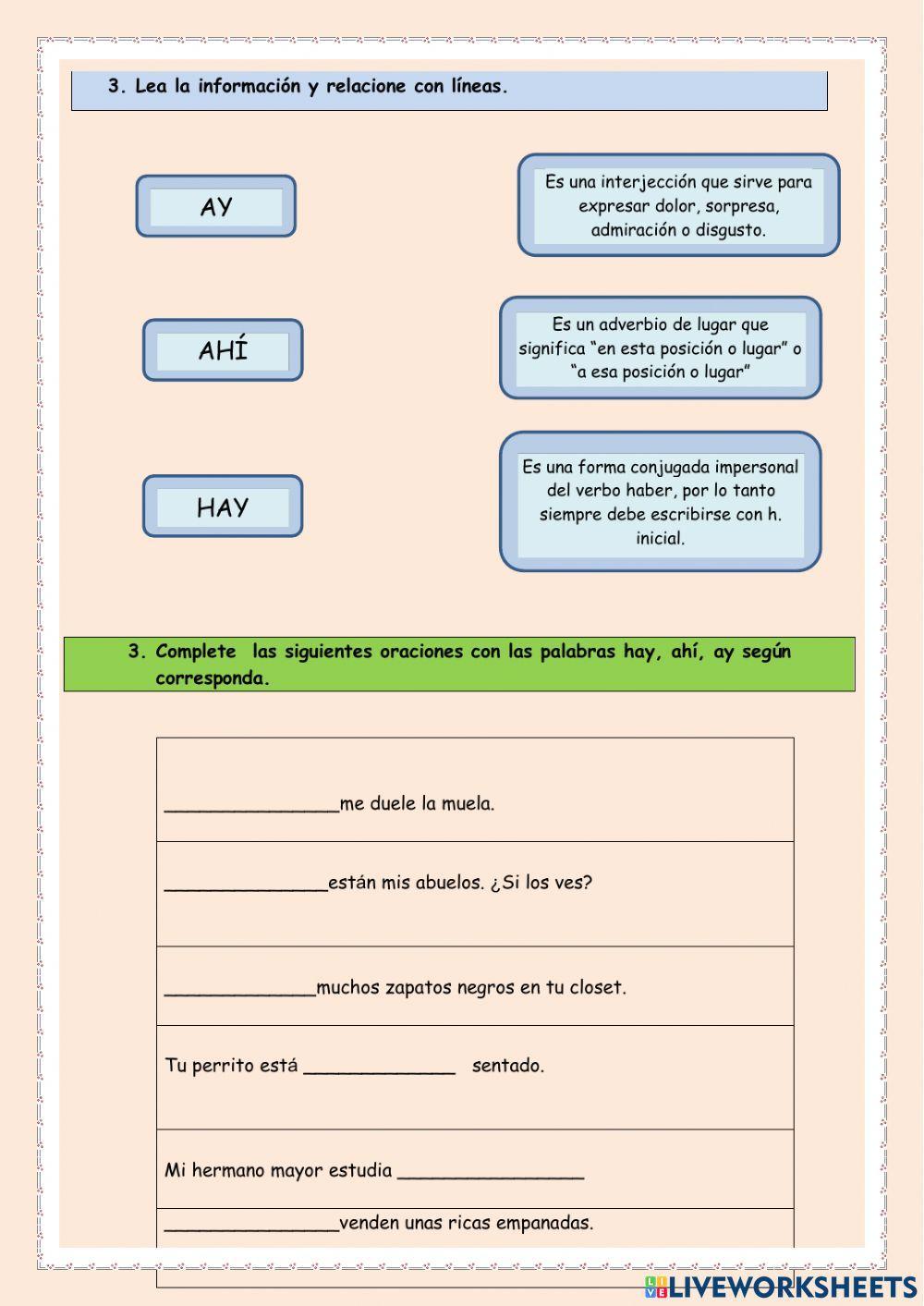 Palabras homofonas hay, ahi, ay