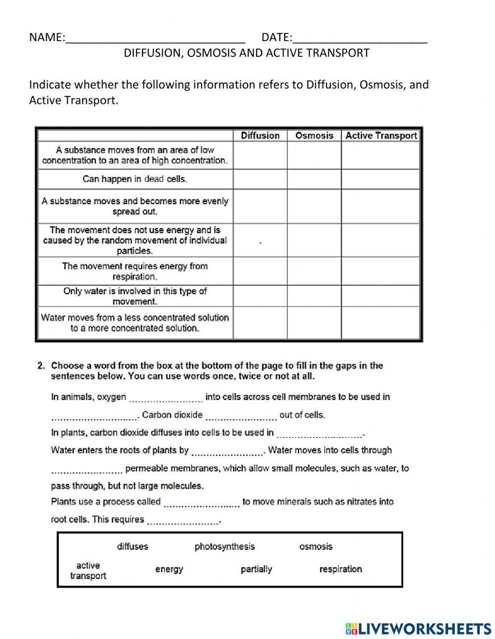DIFFUSION, OSMOSIS AND ACTIVE TRANSPORT TEST worksheet | Live Worksheets DIFFUSION, OSMOSIS AND ACTIVE TRANSPORT TEST worksheet | Live Worksheets