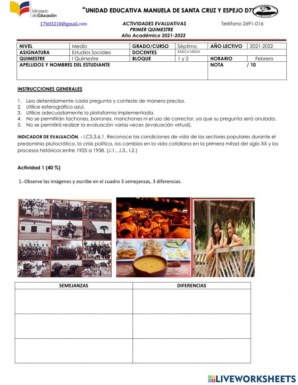 Evaluación quimestral Estudios Sociales