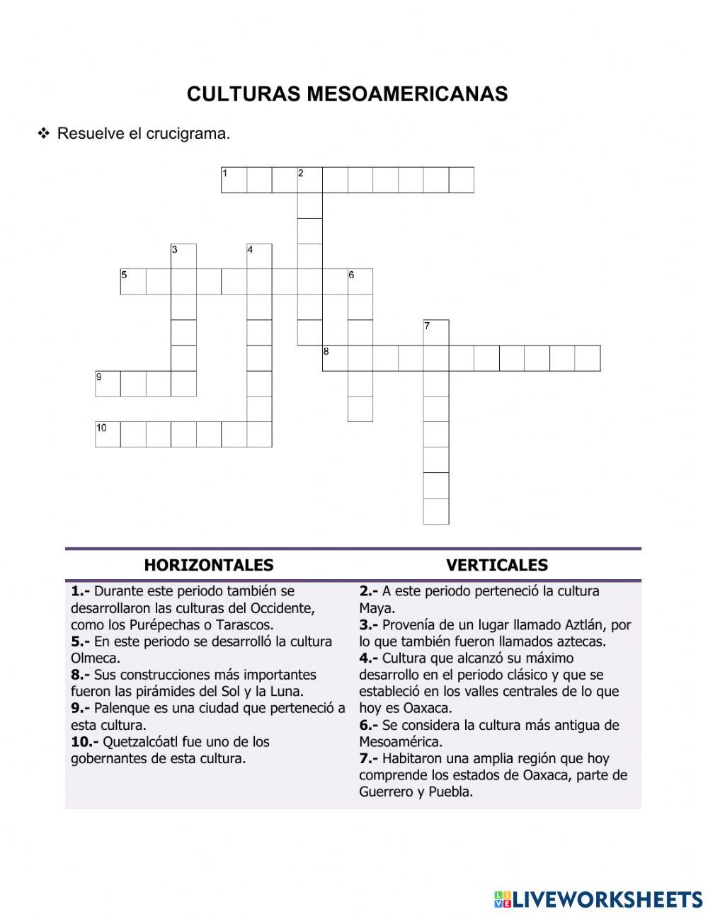 Crucigrama culturas mesoamericanas.