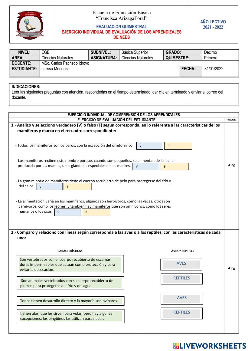 Examen 1er. Quimetre de CCNN - NEES