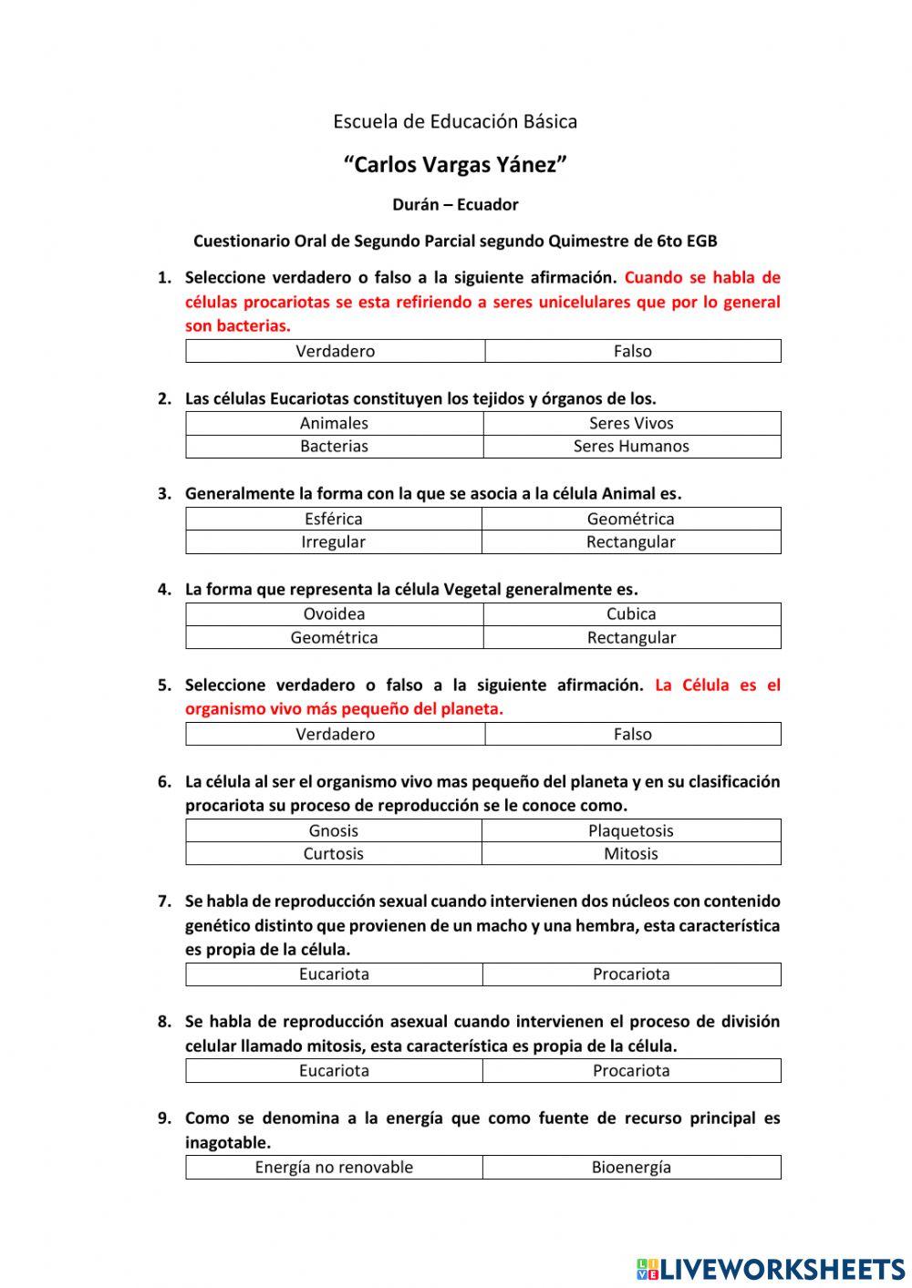 Cuestionario (Célula, Energía Renovable y No Renovable)