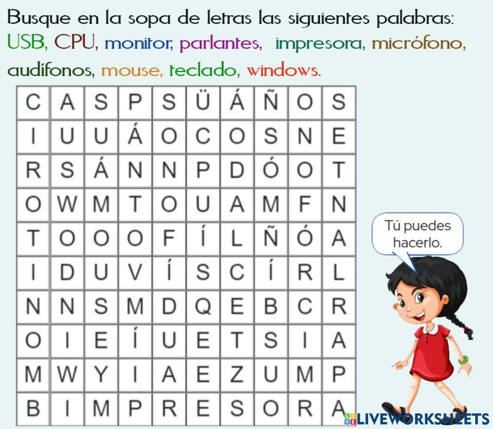 Sopa de letras: palabras relacionadas con la computadora.