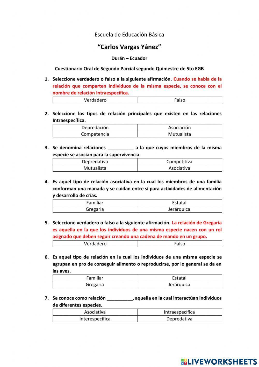Cuestionario (Relaciones Intraespecíficas e Interespecíficas y Ecosistemas)