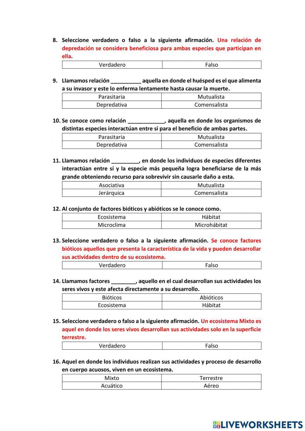 Cuestionario (Relaciones Intraespecíficas e Interespecíficas y Ecosistemas)