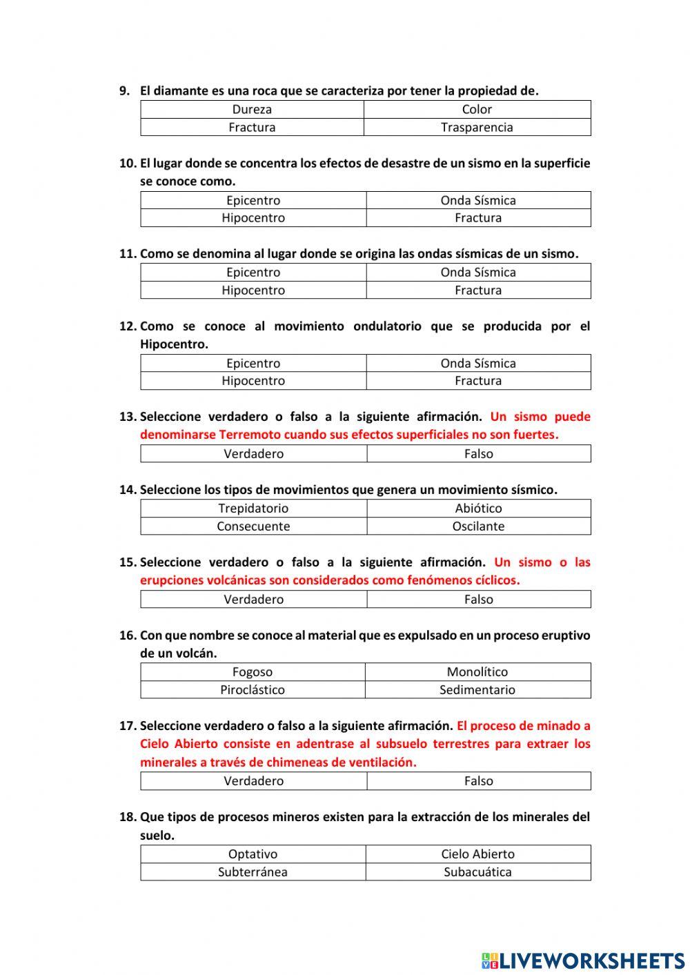 Cuestionario (Rocas, Sismos y Volcanes)