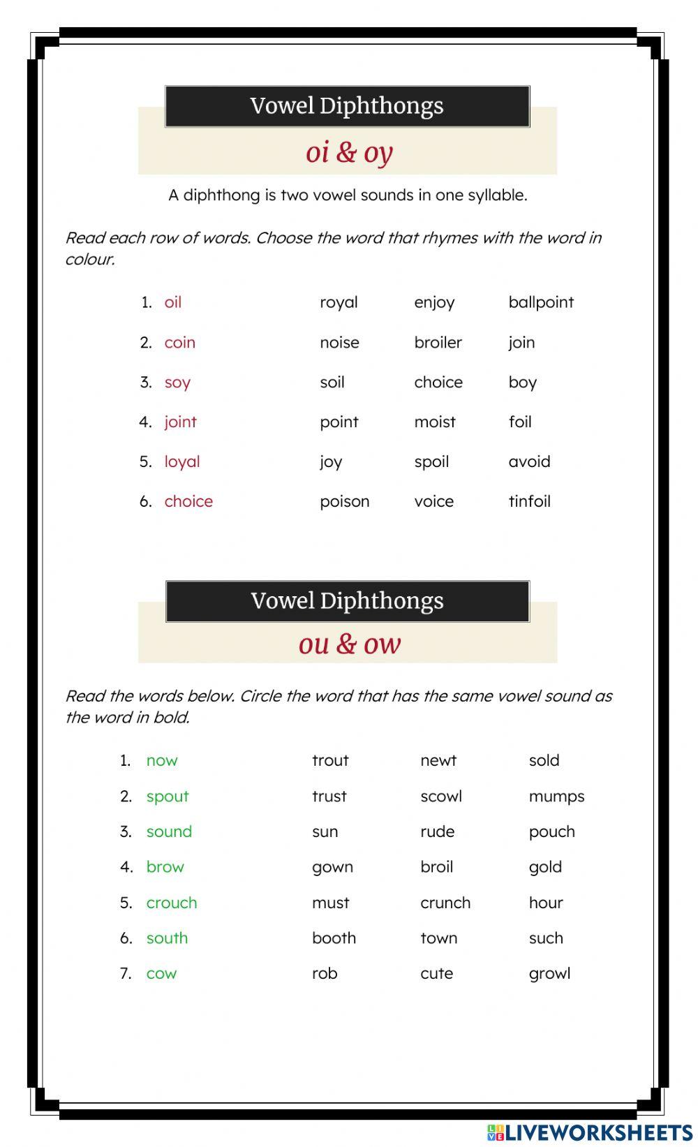 Vowel Diphthongs Oi Oy Ou Ow Worksheet Live Worksheets 57% OFF Vowel Diphthongs Oi Oy Ou Ow Worksheet Live Worksheets 57% OFF