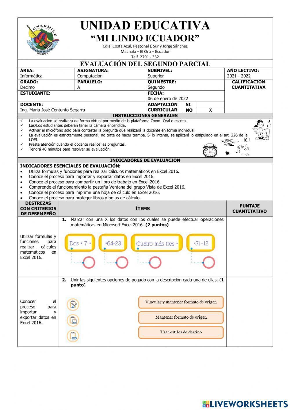 Evaluación de Computación Décimo del Segundo Parcial del Segundo Quimestre