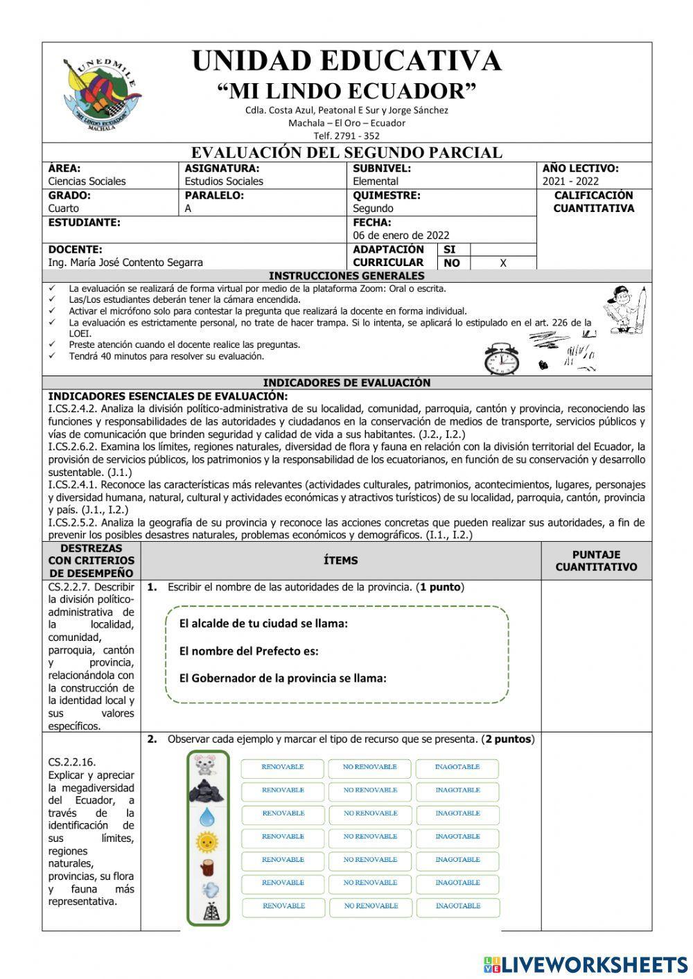 Evaluación de Estudios Sociales del Segundo Parcial del Segundo Quimestre
