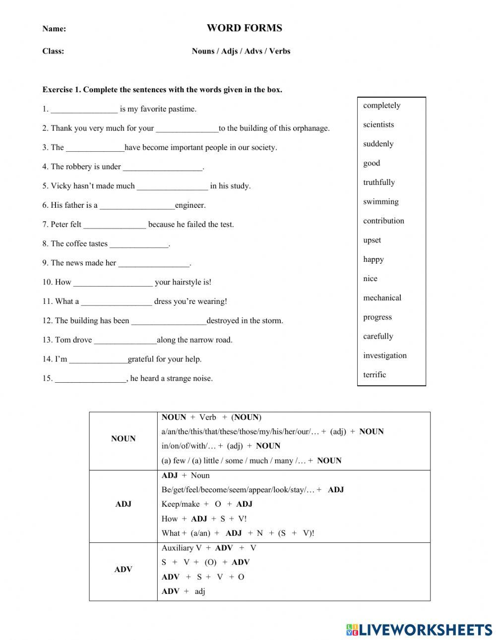 Word form online exercise for 10-12 | Live Worksheets