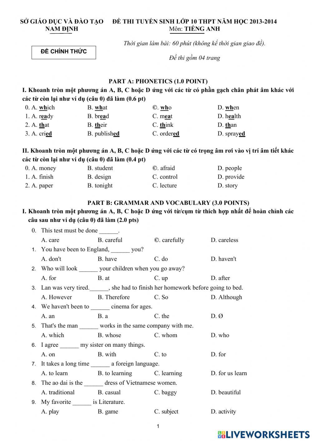 E9 - Đề ĐK Nam Định 2014