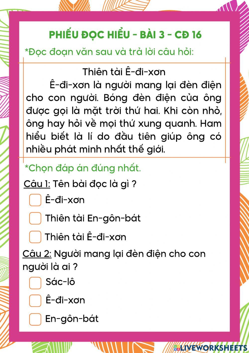 Phiếu đọc hiểu