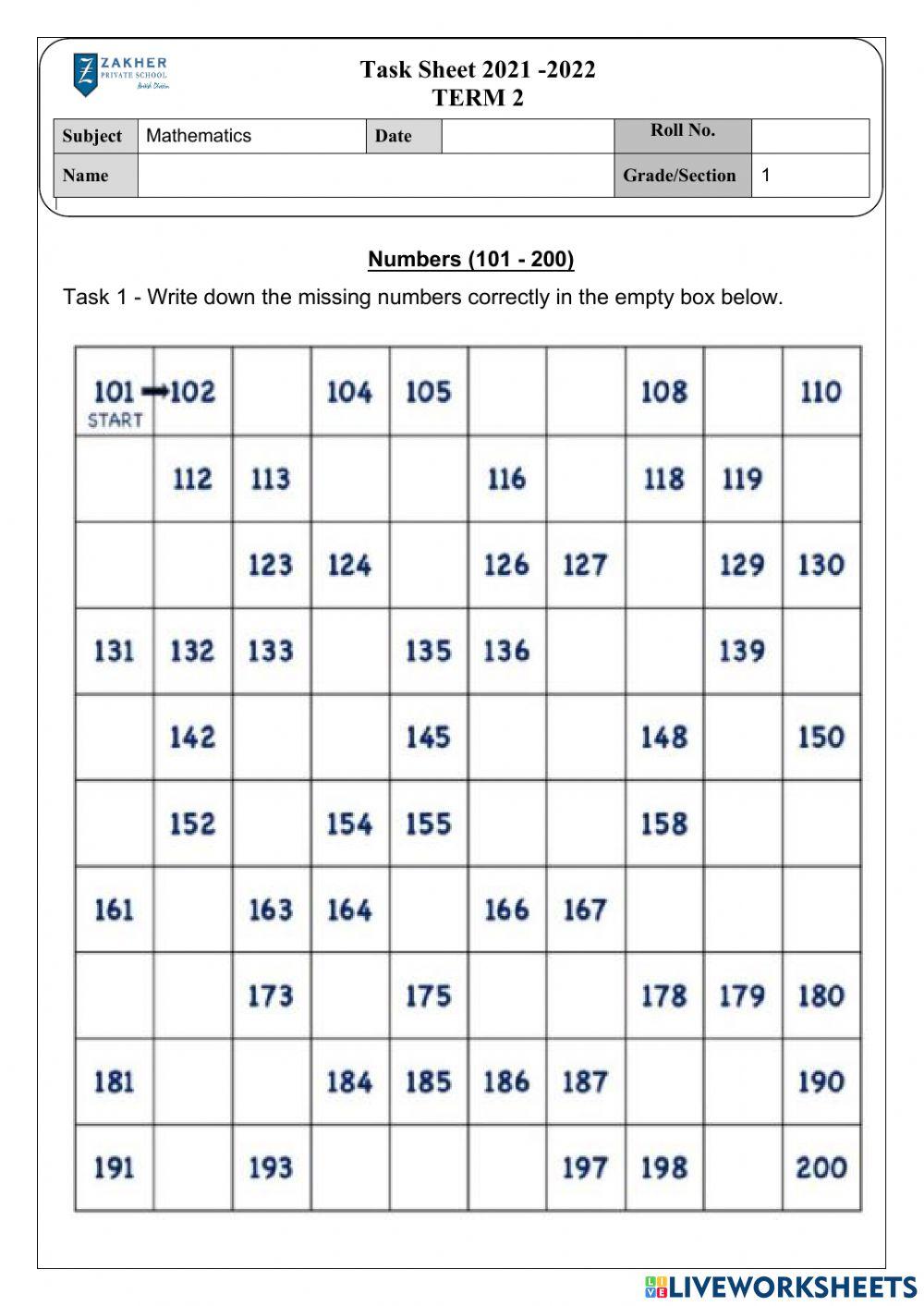 Numbers 101 200 online exercise for live worksheets