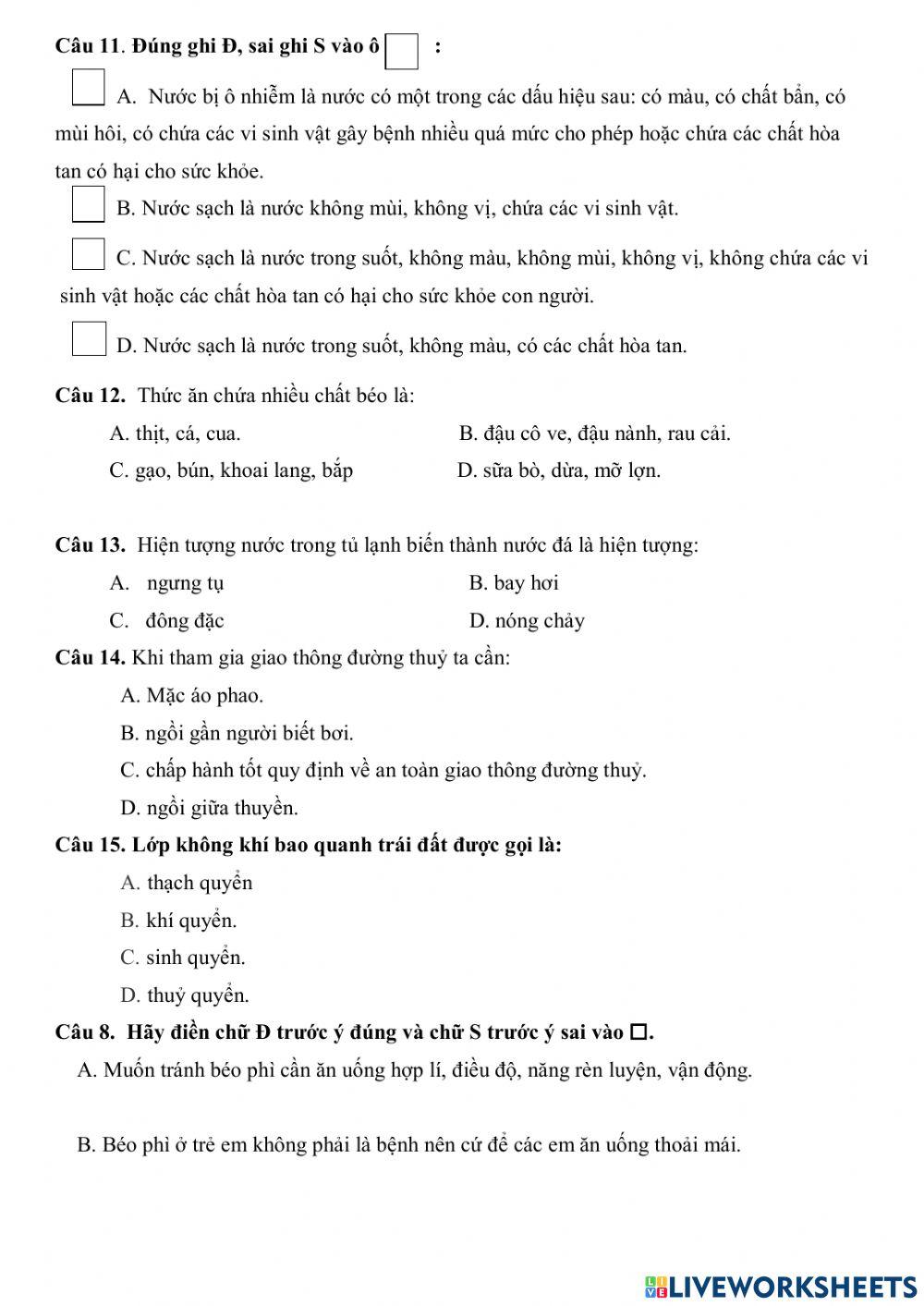 Ôn Khoa học CK1 lớp 4