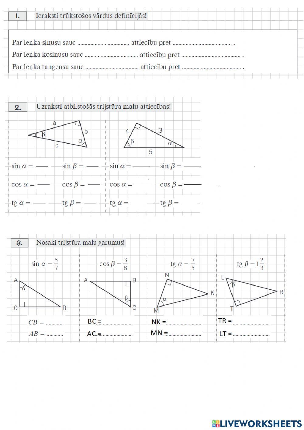 Trigonometriskās sakarības taisnleņķa trijstūrī