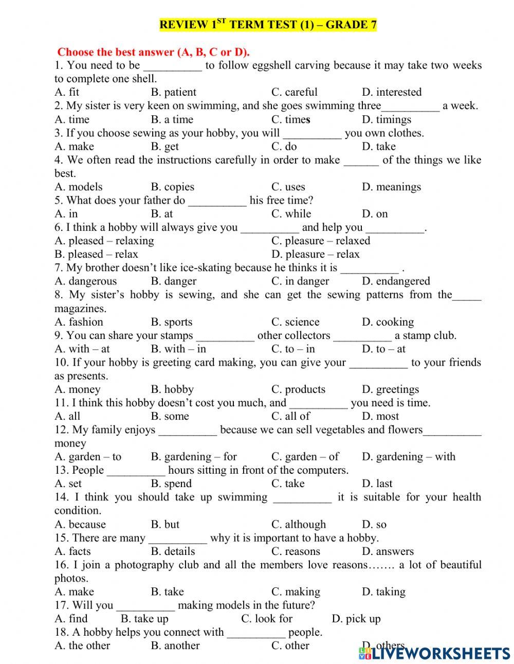 Review 1st Term test 1- Grade 7