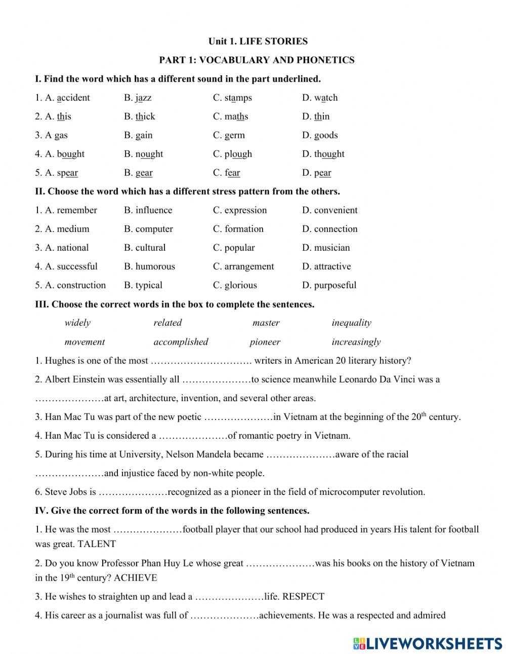 Unit 1. LIFE STORIES  PART 1: VOCABULARY AND PHONETICS