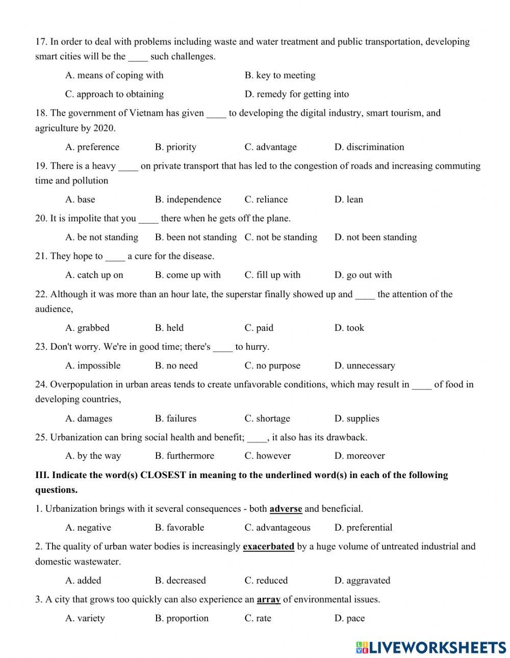 Unit 2. URBANIZATION  PART 2: VOCABULARY AND GRAMMAR