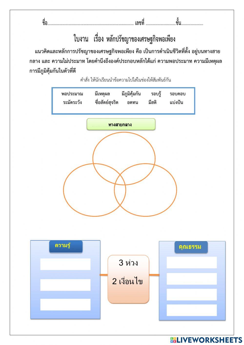 ใบงาน เรื่อง หลักปรัชญาของเศรษฐกิจพอเพียง