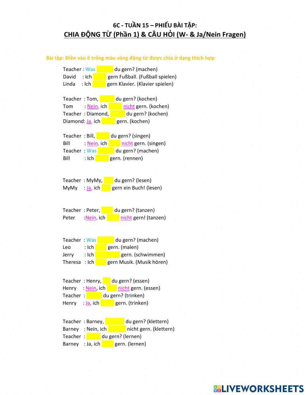 6C-W15-Phiếu bài tập-Chia động từ 1, câu hỏi