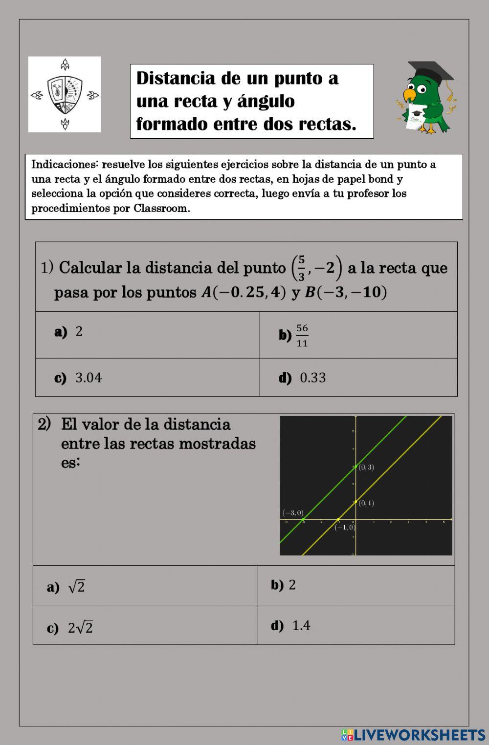 Distancia de un punto a una recta y ángulo formado entre dos rectas